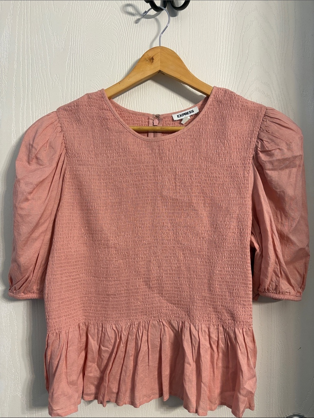 Express Blush Pink Puff-Sleeve Peplum Top